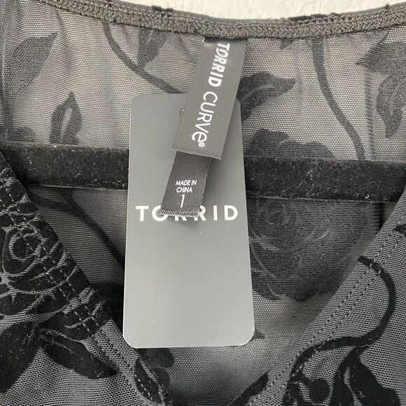 Torrid Black Flocked Rose Mesh V-Neck‎ Bodysuit Semi-Transparent 1X Whimsigoth - Picture 8 of 9